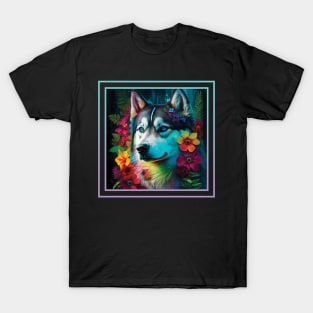 Handsome Siberian Husky Floral Tropical Vibrant Digital Oil Painting Portrait T-Shirt